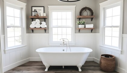 Fototapeta na wymiar Bathroom with Light Bright Interior with Farmhouse Rustic Decor