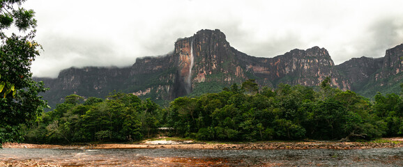 Panoramic landscape of Angel Falls from Churun river. Highest waterfall in the world (979m) in Canaima National Park, Venezuela