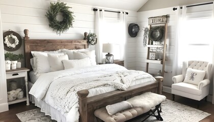 Bedroom with Light Bright Interior with Farmhouse Rustic Decor