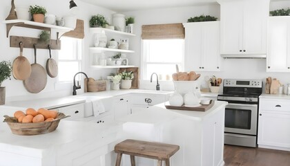 Kitchen with Light Bright Interior with Farmhouse Rustic Decor