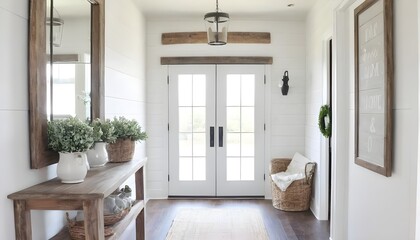 Fototapeta premium beautiful farmhouse decor rustic accents with white walls in house foyer