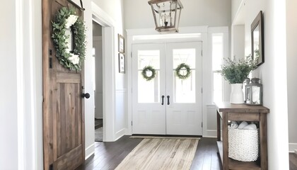 beautiful farmhouse decor rustic accents with white walls in house foyer
