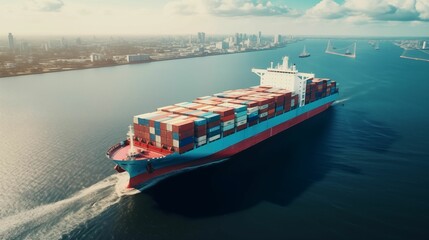 Container ship leaving port, aerial view during daytime. generative ai - Powered by Adobe
