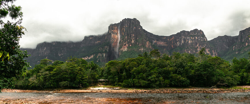 Panoramic landscape of Angel Falls from Churun river. Highest waterfall in the world (979m) in Canaima National Park, Venezuela