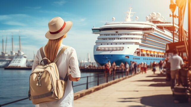 Tourist girl with backpack and hat standing at the front port of a large cruise ship. generative ai
