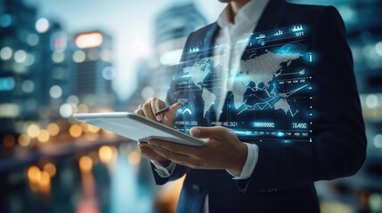 Businessman holding smart tablet screen in hands analyzing the world economy stock market. Generative AI.