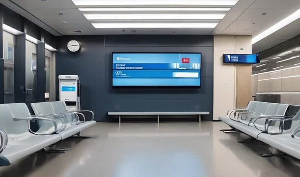 comfortable and modern waiting room with screens displaying information