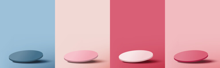 Set of blank circle pedestal view tilted stylish for display on blue, peach, and pink  background. Minimal style. Vector illustration.