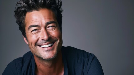 Fototapeta premium Portrait of a handsome man laughing against a grey background. Men's beauty, fashion.