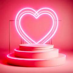 Realistic pink 3d cylinder pedestal podium with heart shape neon frame arch on stylish mock up