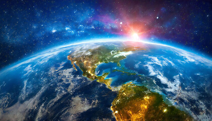 宇宙空間と地球と太陽のイメージ素材。Image material of outer space, earth and sun.