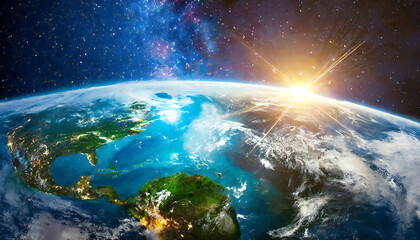 宇宙空間と地球と太陽のイメージ素材。Image material of outer space, earth and sun.