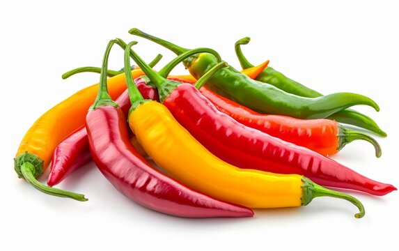 A variety of red and green peppers against a clean white backdrop