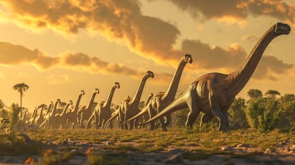 In the distance a large herd of Brachiosaurus move in unison through the savannah their size and grace a reminder of the prehistoric giants that once roamed this land.