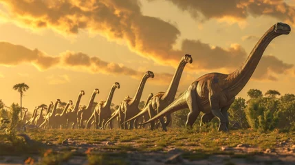 Fotobehang In the distance a large herd of Brachiosaurus move in unison through the savannah their size and grace a reminder of the prehistoric giants that once roamed this land. © Justlight