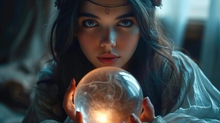 Naklejka premium Female witch sorceress fortune teller occultist holding a magical future telling sphere. Generative AI.