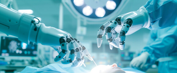 An automated robot with arms performs surgery on a human in the operating room. Artificial intelligence replaces surgeons - obrazy, fototapety, plakaty