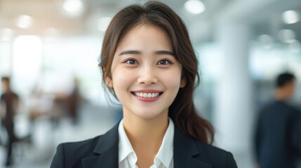 Obraz premium Smiling Asian businesswoman in suit standing in her modern business company office. Generative AI.