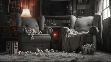 Popcorn and his Mini Buckets sprawled out on oversized plush chairs tangled in blankets and snacking on their own kernels as they watch a clic black and white movie with a