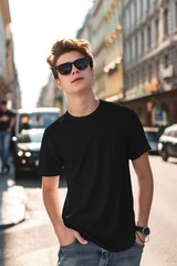 Handsome young man in black t-shirt and sunglasses standing on the street