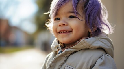 Portrait of a cute little girl with purple hair in the park
