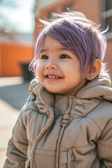 Portrait of a cute little girl with purple hair in the street.