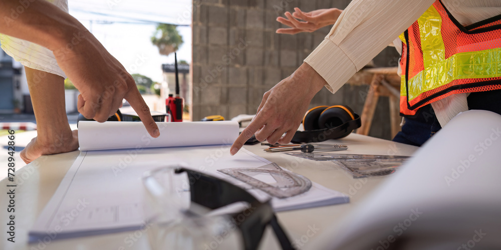 Poster construction concept of engineer or architect meeting for project working with partner and engineeri