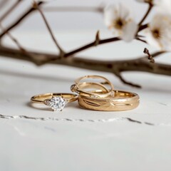 Wedding rings on the background of a blossoming branch.