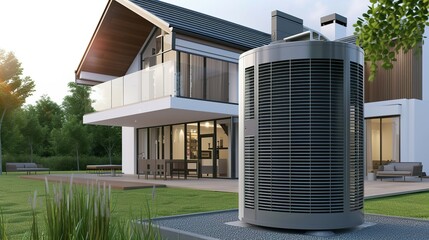 Air heat pump near modern house