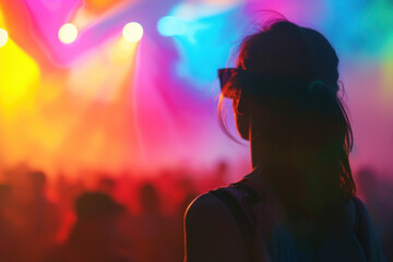  Silhouette of a Woman Enjoying a Music Festival with Vibrant Stage Lights