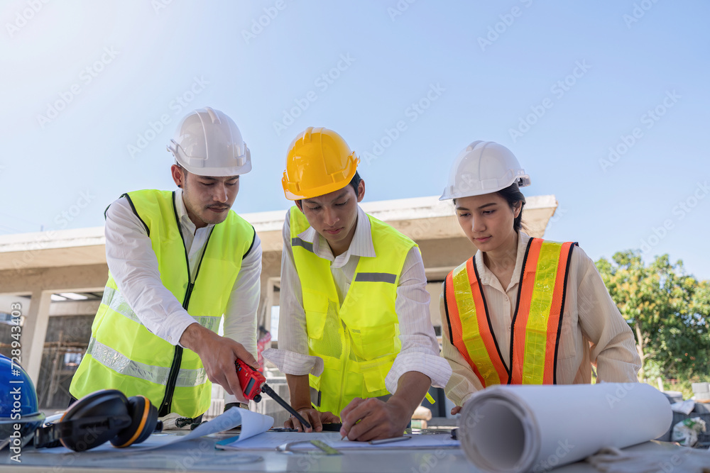 Poster construction concept of engineer or architect meeting for project working with partner and engineeri
