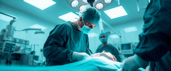 Specialist doctor performs surgery in the operating room. Surgical team performs thyroid surgery.