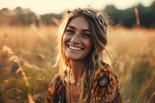 Portrait of a beautiful hippie girl in a field at sunset