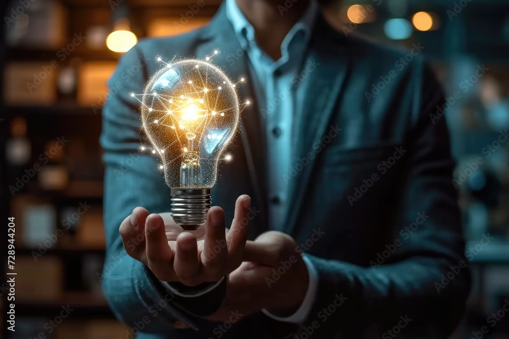 Poster businessman holding a light bulb in his hand. symbolizing a new business idea for company growth. ho
