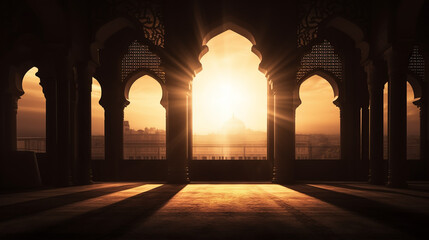 Sunset Scene of a mosque, Mosque empty, Conceptual indoor oriental building. Interior shot of the mosque, Ramadan Kareem