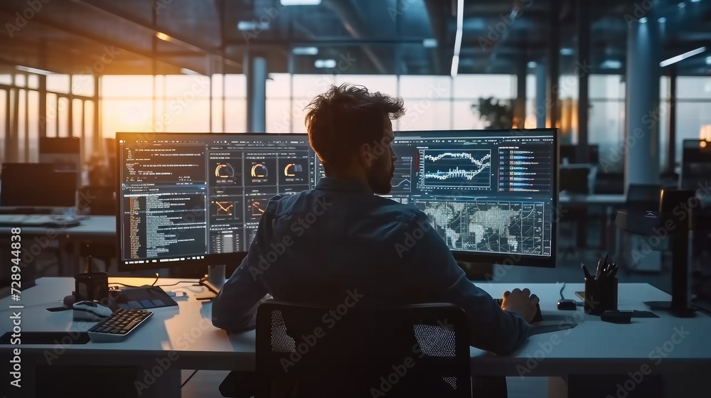 Leinwandbilder Programming and engineering on his computer and typing on the keyboard writing codes and programs in a modern tech company office. numbers and graphs on screen. Generative AI.