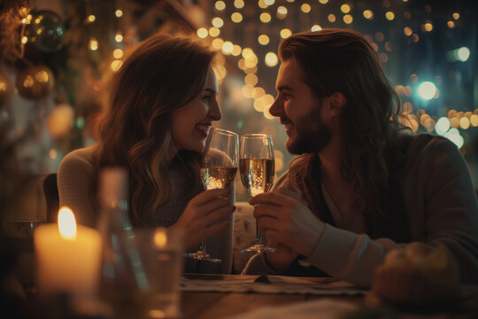 Romantic Couple Toasting with Champagne in a Magical Evening Setting