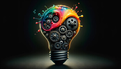 A vibrant light bulb filled with colorful paints and mechanical gears symbolizing creativity and innovation on a dark background. - obrazy, fototapety, plakaty