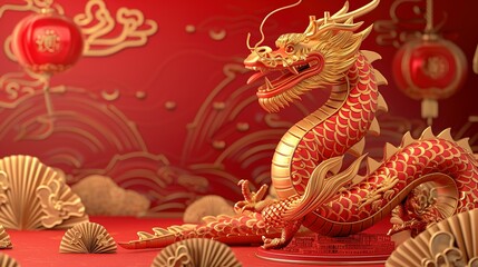 Dragon 3D chinese 2024 year gold new lunar cny podium happy background red golden. Chinese dragon 3D banner china festive illustration invitation money party green japanese render celebration blue