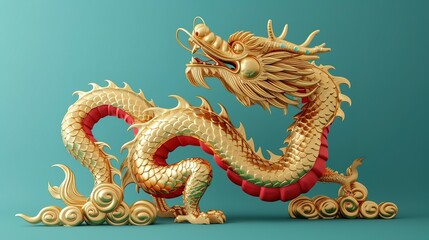 Dragon 3D chinese 2024 year gold new lunar cny podium happy background red golden. Chinese dragon 3D banner china festive illustration invitation money party green japanese render celebration blue