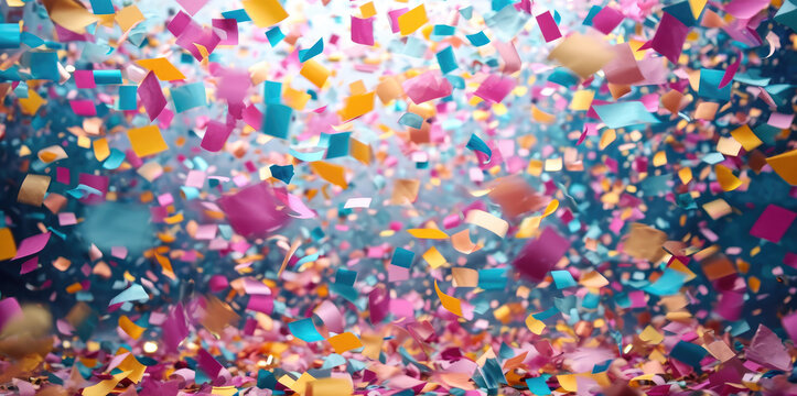 Celebration and colorful confetti party, Background of colorful flying paper shiny confetti for a holiday celebration party. Generative AI.