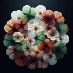 beautiful arrangement of translucent flower petals in various colors and sizes. Each petal is distinct, showcasing different shades including white, green, red, and brown