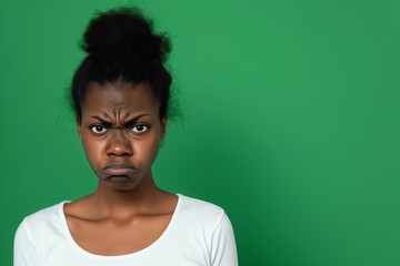Obraz na płótnie Canvas Annoyed Young African American Woman on a Solid Green Background. Generative AI.