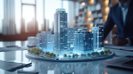 Futuristic business. 3d render model maquette of small skyscraper building on table in real estate agency. signing mortgage contract document demonstrating. Generative AI.