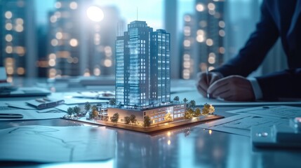 Futuristic business. 3d render model maquette of small skyscraper building on table in real estate agency. signing mortgage contract document demonstrating. Generative AI.
