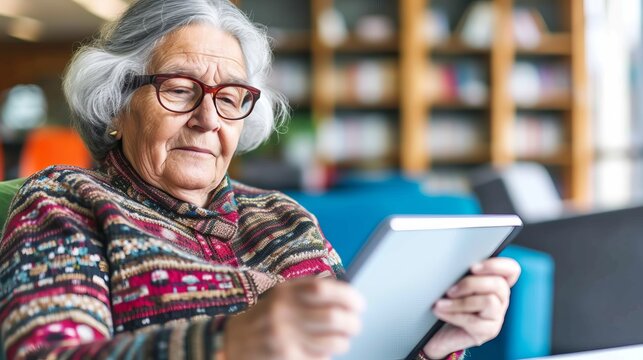 Elderly woman using digital tablet in a library. Senior people and technology concept.