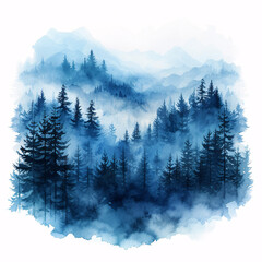 Watercolor Painting of Blue Pine Trees in Mist