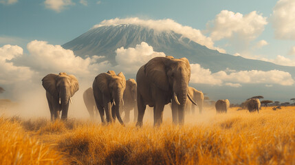 A herd of elephants walking through the dusty plains of Africa with Mount Kilimanjaro in the background - obrazy, fototapety, plakaty
