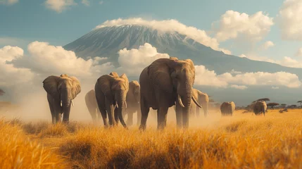 Papier Peint photo autocollant Kilimandjaro A herd of elephants walking through the dusty plains of Africa with Mount Kilimanjaro in the background