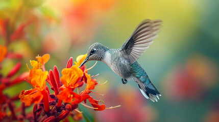 A hummingbird hovering and feeding on the nectar of a bright red flower